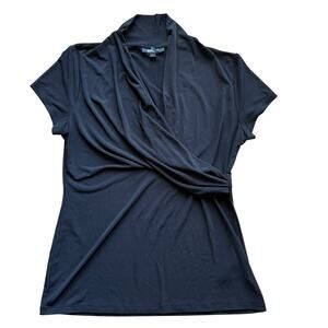 DKNY Black Faux Wrap Short Sleeve Top Size L Stretch Career Professional Office